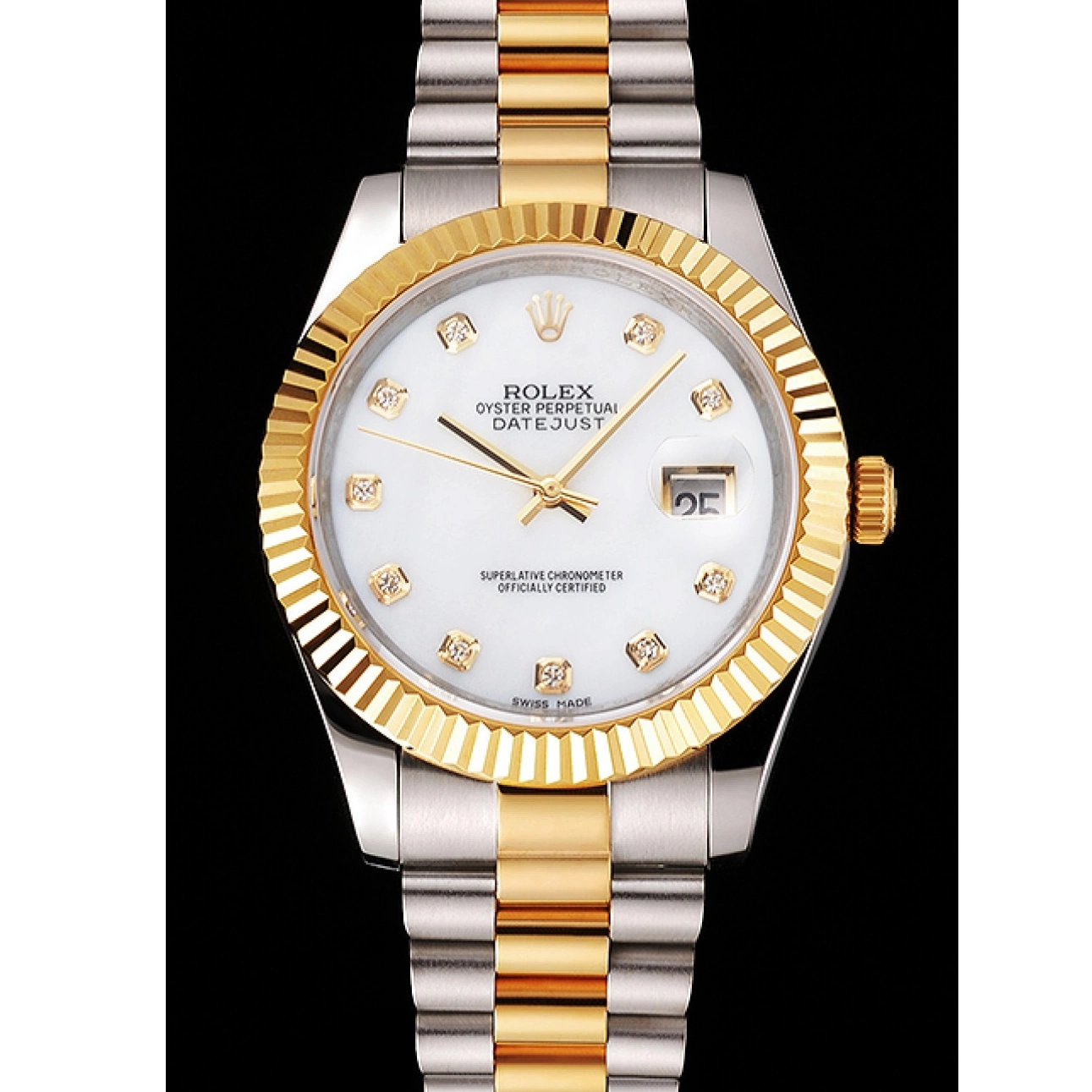 Aaa replica watch Hour Steel Tone Diamond Swiss Rolex Case White Bracelet Two Marks Bezel Datejust Stainless Dial Gold 0803